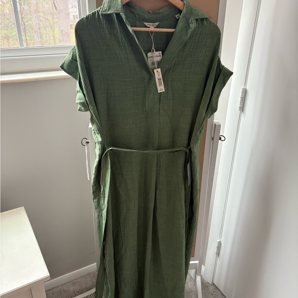 Lightweight Olive Green Shirt Dress with Tie Waist